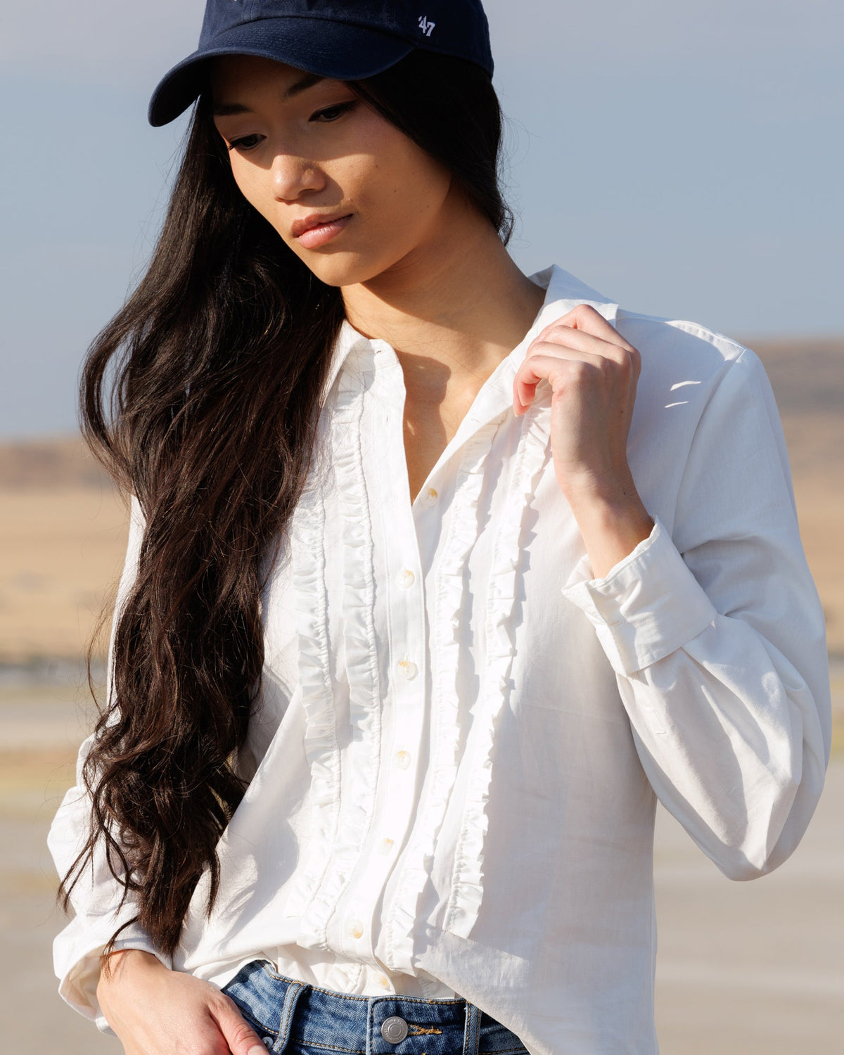 Signature Ruffle Tuxedo Button Down Shirt