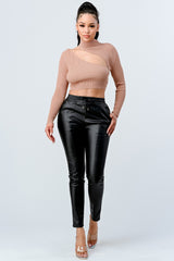 nude LUX SWEATER RIB CUTOUT MOCK NECK CROP TOP