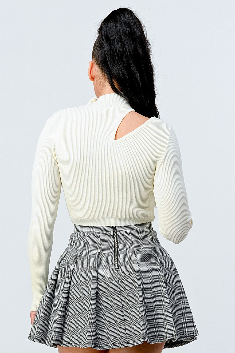 ivory LUX SWEATER RIB CUTOUT MOCK NECK CROP TOP