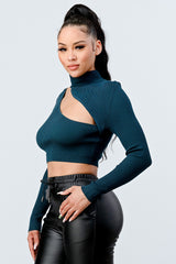 green LUX SWEATER RIB CUTOUT MOCK NECK CROP TOP