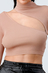 nude LUX SWEATER RIB CUTOUT MOCK NECK CROP TOP