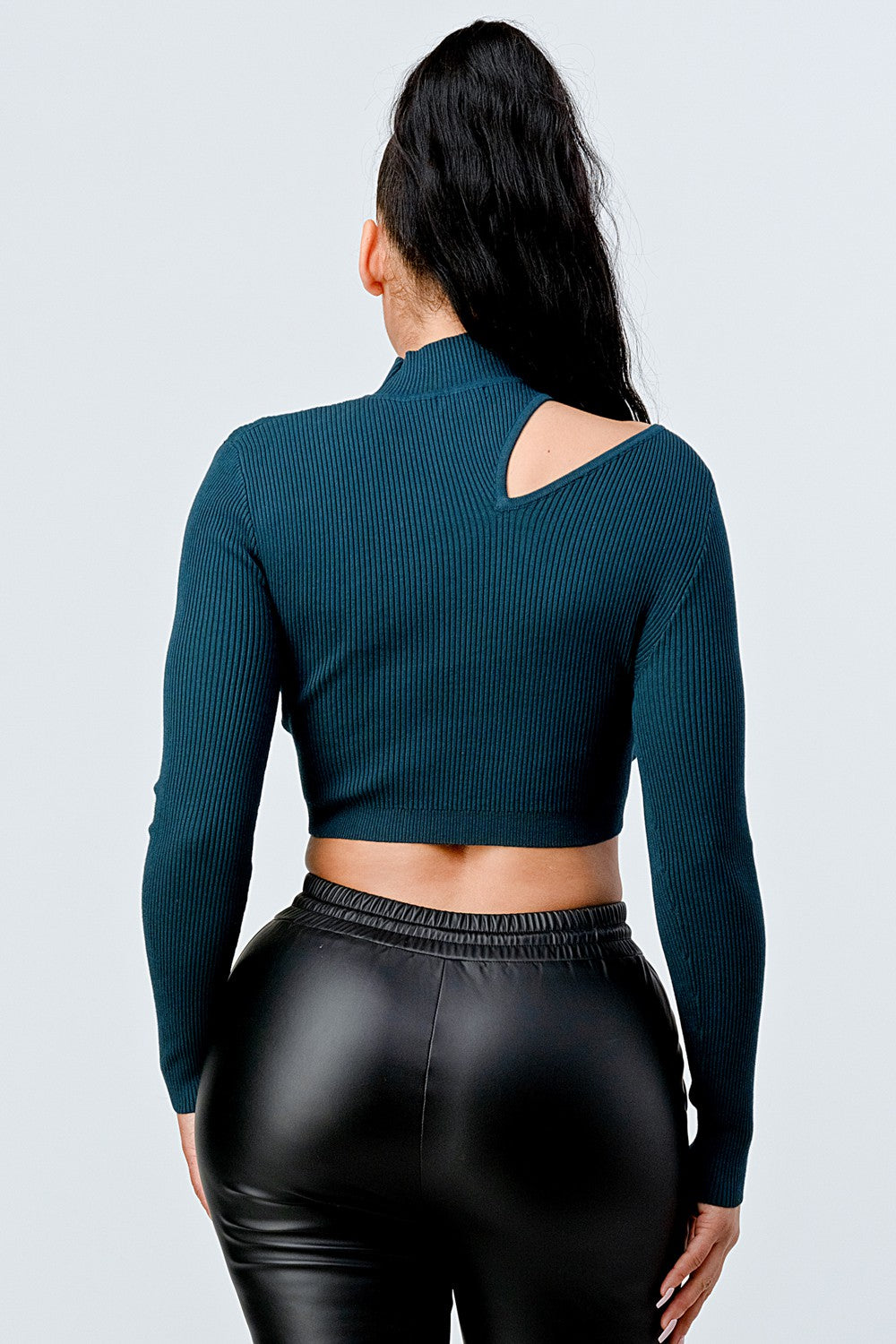 green LUX SWEATER RIB CUTOUT MOCK NECK CROP TOP