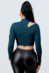 green LUX SWEATER RIB CUTOUT MOCK NECK CROP TOP