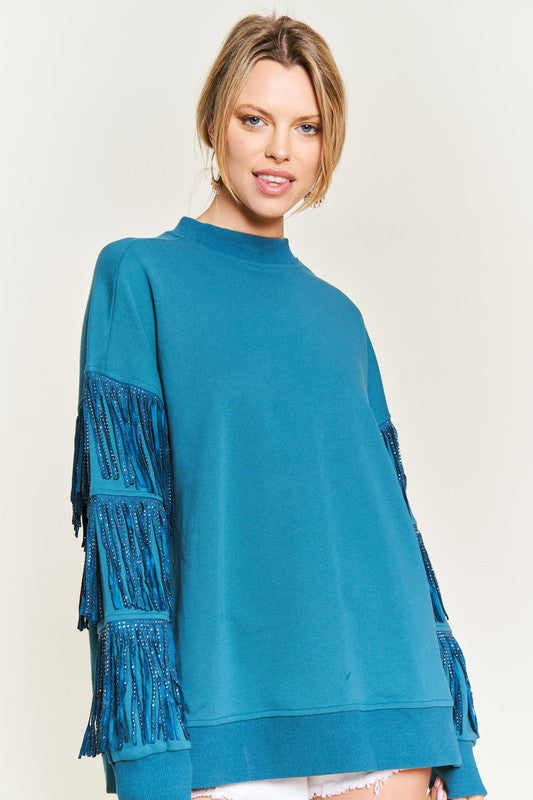 blue Silver Studded Fringe Sleeve Top