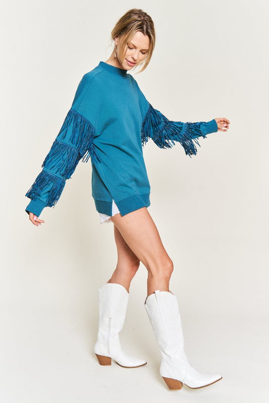 blue Silver Studded Fringe Sleeve Top