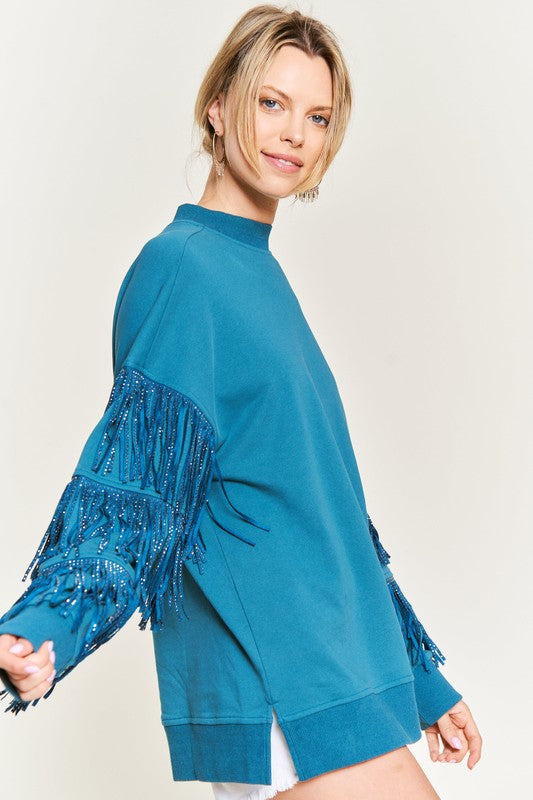 blue Silver Studded Fringe Sleeve Top