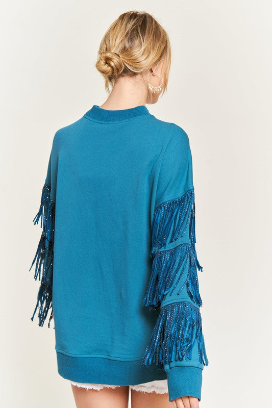 blue Silver Studded Fringe Sleeve Top