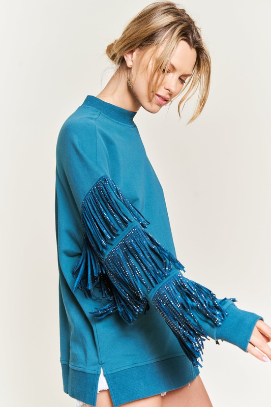 blue Silver Studded Fringe Sleeve Top
