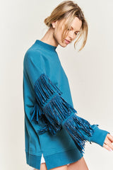 blue Silver Studded Fringe Sleeve Top