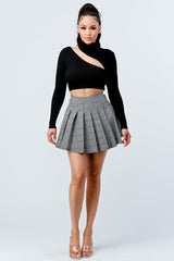 Black LUX SWEATER RIB CUTOUT MOCK NECK CROP TOP