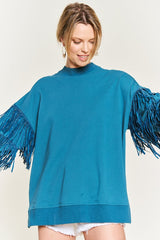 blue Silver Studded Fringe Sleeve Top