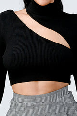 Black LUX SWEATER RIB CUTOUT MOCK NECK CROP TOP