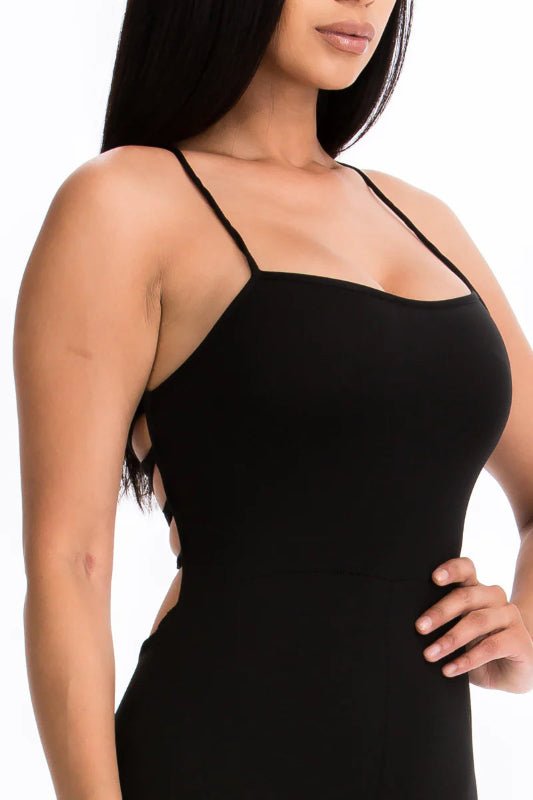 close up of Black Criss-Cross Open Back Bodycon Jumpsuit