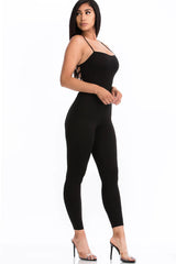 side view of Black Criss-Cross Open Back Bodycon Jumpsuit