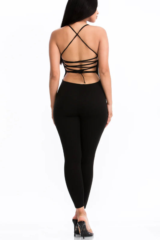 back view of Black Criss-Cross Open Back Bodycon Jumpsuit
