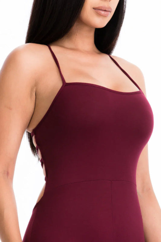 close up of burgundy Criss-Cross Open Back Bodycon Jumpsuit
