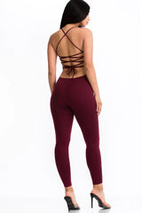 back view of burgunday Criss-Cross Open Back Bodycon Jumpsuit