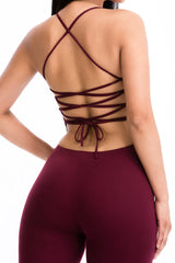 close up of the back of burgundy Criss-Cross Open Back Bodycon Jumpsuit