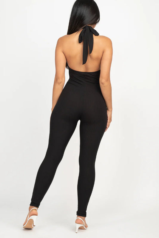 back view of Black Halter V Neck Ribbed Bodycon Catsuits Jumpsuit
