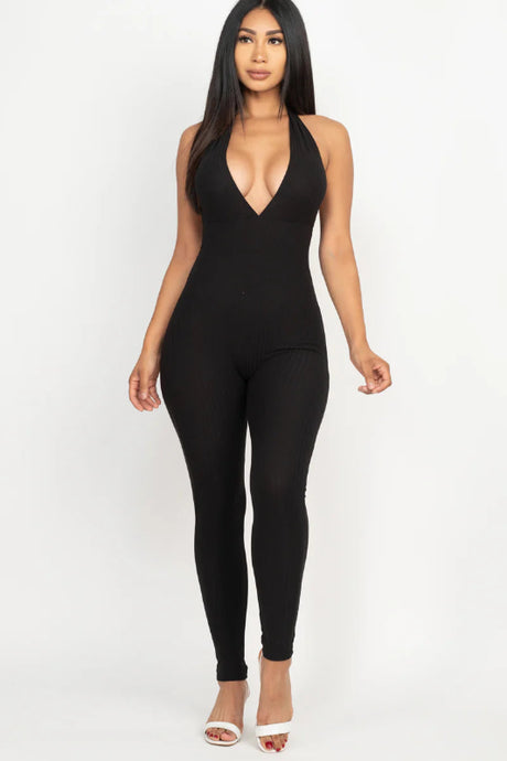 Black Halter V Neck Ribbed Bodycon Catsuits Jumpsuit
