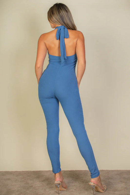 back view of blue Halter V Neck Ribbed Bodycon Catsuits Jumpsuit