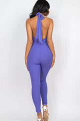 back view of purple Halter V Neck Ribbed Bodycon Catsuits Jumpsuit