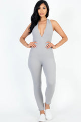 front view of grey Halter V Neck Ribbed Bodycon Catsuits Jumpsuit