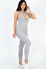 side view of grey Halter V Neck Ribbed Bodycon Catsuits Jumpsuit