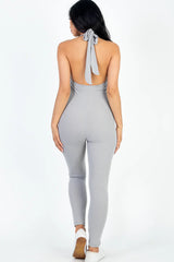 back view of grey Halter V Neck Ribbed Bodycon Catsuits Jumpsuit