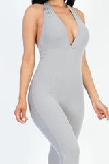 close up of grey Halter V Neck Ribbed Bodycon Catsuits Jumpsuit