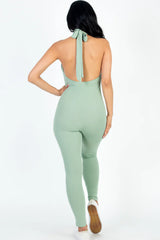 back view of green Halter V Neck Ribbed Bodycon Catsuits Jumpsuit
