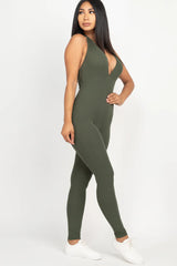 side view of olive green Halter V Neck Ribbed Bodycon Catsuits Jumpsuit