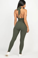 back view of olive green Halter V Neck Ribbed Bodycon Catsuits Jumpsuit
