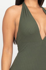 close up of olive green Halter V Neck Ribbed Bodycon Catsuits Jumpsuit
