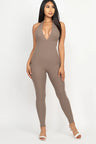 taupe Halter V Neck Ribbed Bodycon Catsuits Jumpsuit