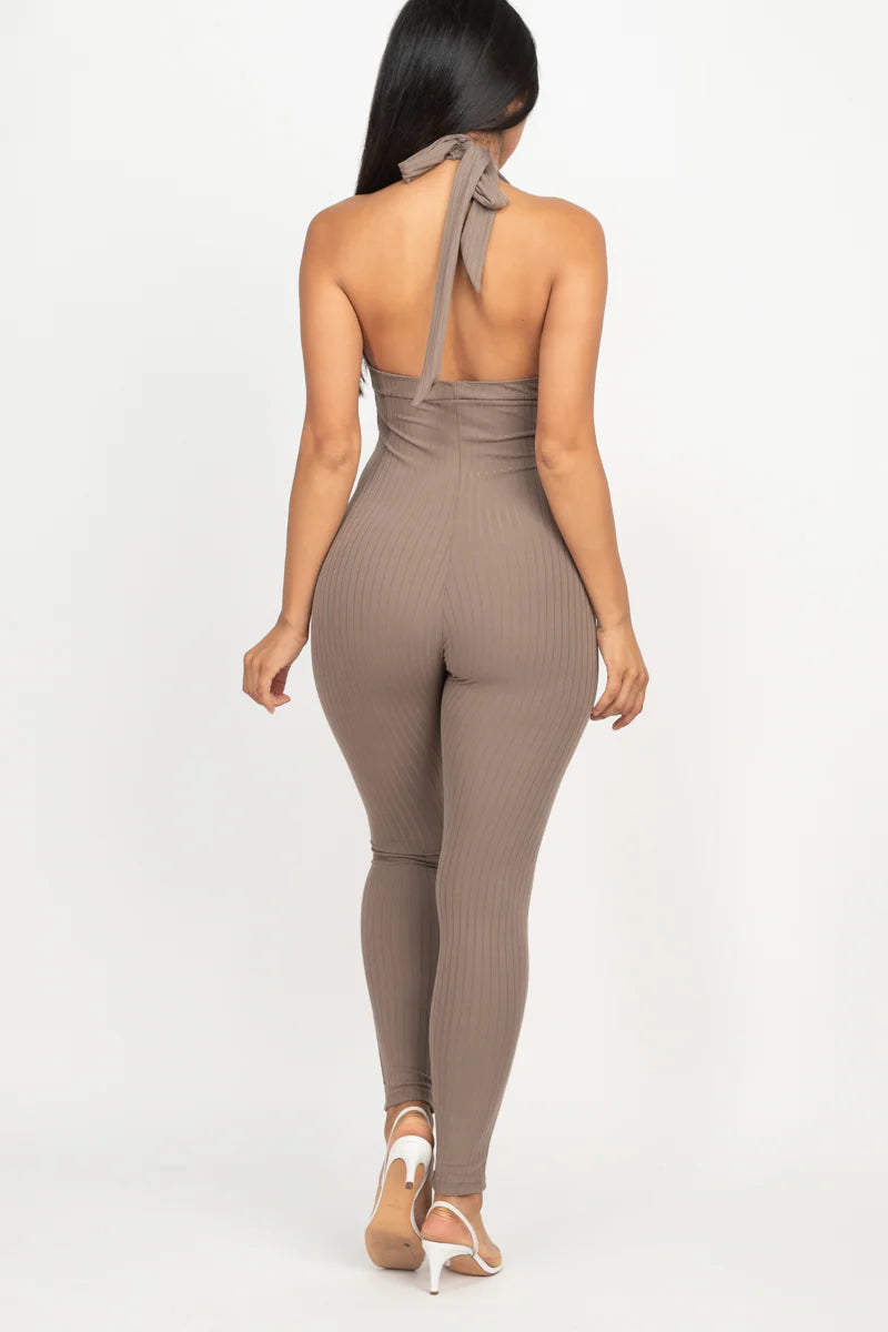 back view of Halter V Neck Ribbed Bodycon Catsuits Jumpsuit