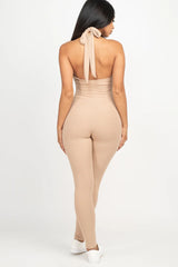 back view of light brown Halter V Neck Ribbed Bodycon Catsuits Jumpsuit