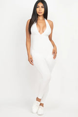 white Halter V Neck Ribbed Bodycon Catsuits Jumpsuit