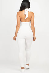 back view of white Halter V Neck Ribbed Bodycon Catsuits Jumpsuit