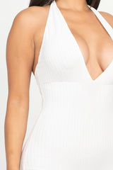 close up of white Halter V Neck Ribbed Bodycon Catsuits Jumpsuit
