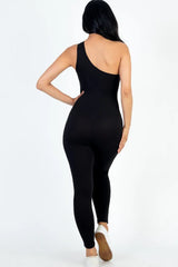 back view of Black One Shoulder Bodycon Jumpsuit