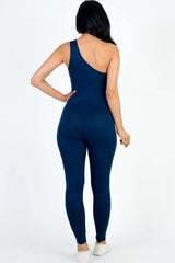 back view of navy blue One Shoulder Bodycon Jumpsuit