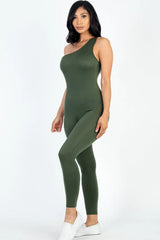 side view of olive One Shoulder Bodycon Jumpsuit