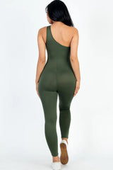back view of olive One Shoulder Bodycon Jumpsuit