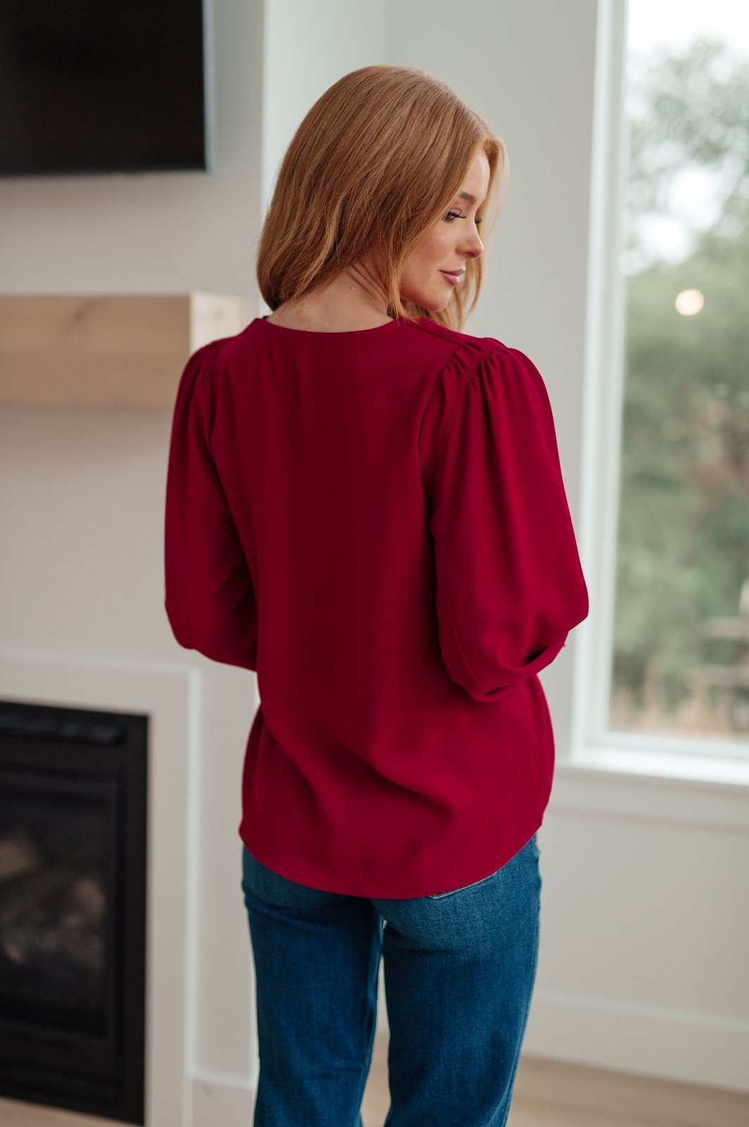 back view Red V-Neck Puff Sleeve Blouse