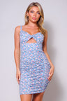 light blue Spaghetti strap twist front cutout floral ruched mini dress