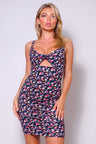 navy blue Spaghetti strap twist front cutout floral ruched mini dress