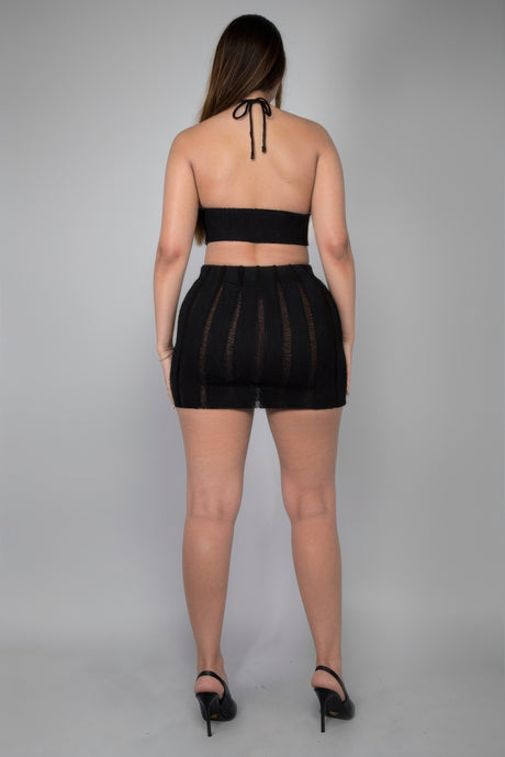 Black Metallic Halter Mini Skirt Set back