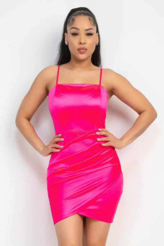 hot pink Overlapping Hem Shirred Satin Dress