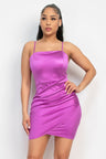 purple Overlapping Hem Shirred Satin Dress